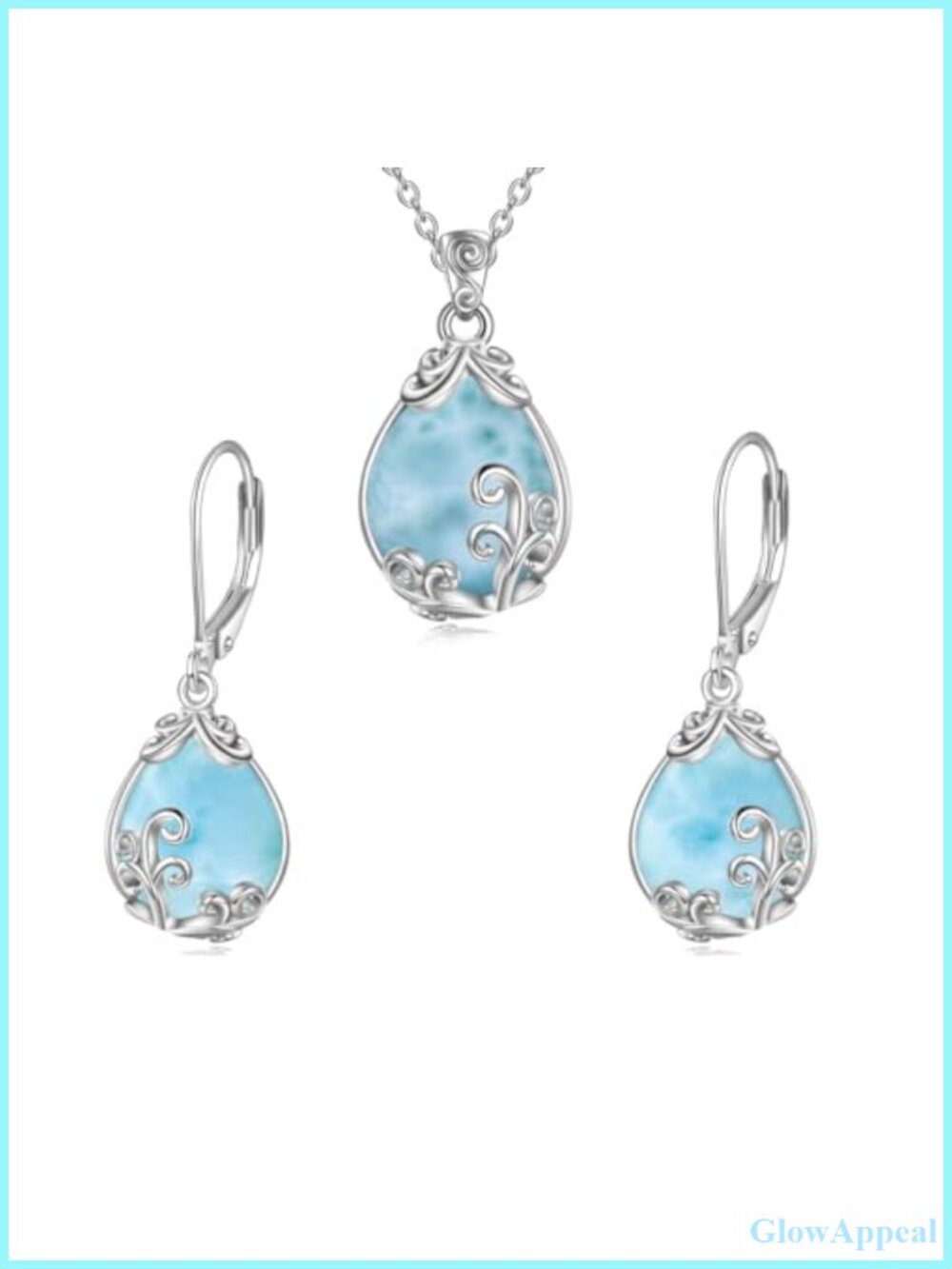 Larimar Filigree Teardrop Necklace Earrings Set Sterling Silver Jewelry Women